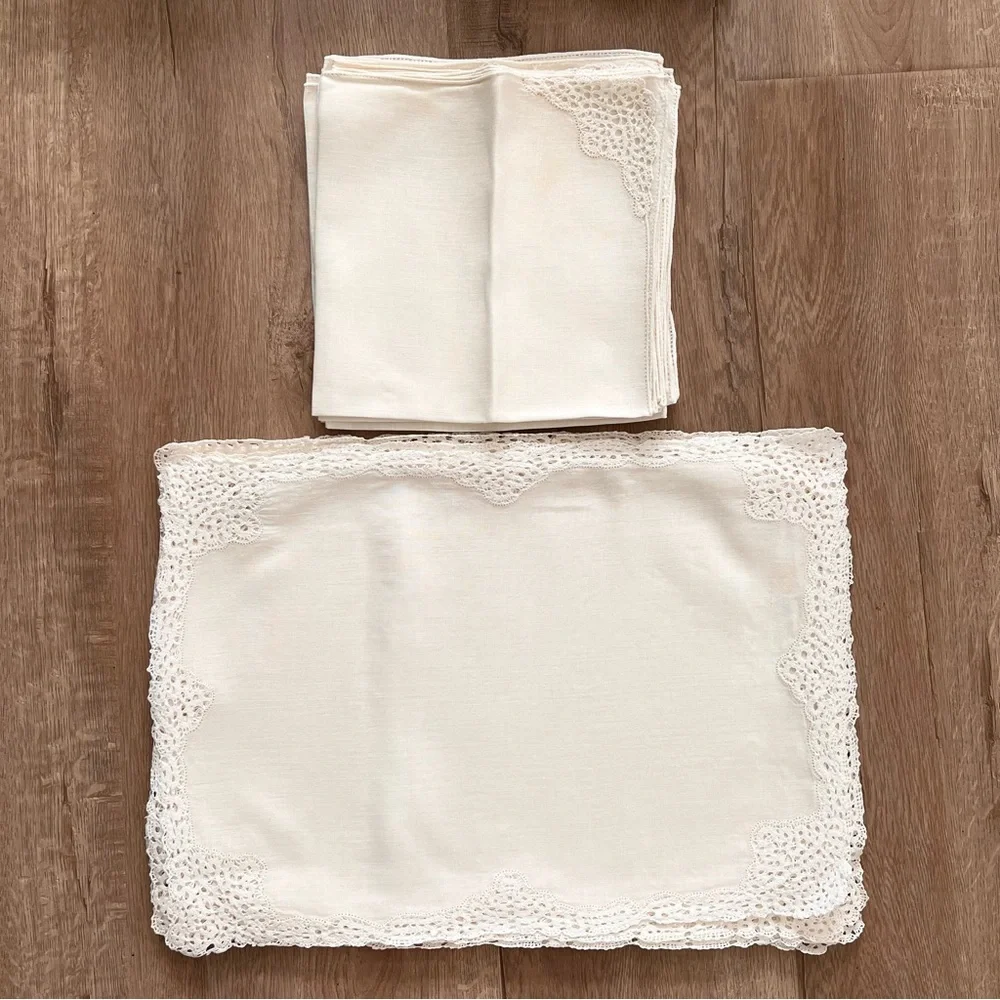 Vtg Luxury Gump’s Since 1861 Ivory Lace Linen‎ Placemats & Napkins 16 PC, 3 Used